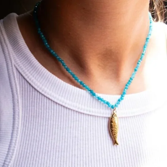 Fish Pendant + Blue Beaded Necklace Gold Fish Necklace WATERPROOF Jewelry PRETTY - Picture 2 of 11